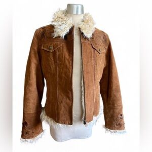 Y2K Mudd brown suede jacket faux fur embroidered floral details, fits an XS